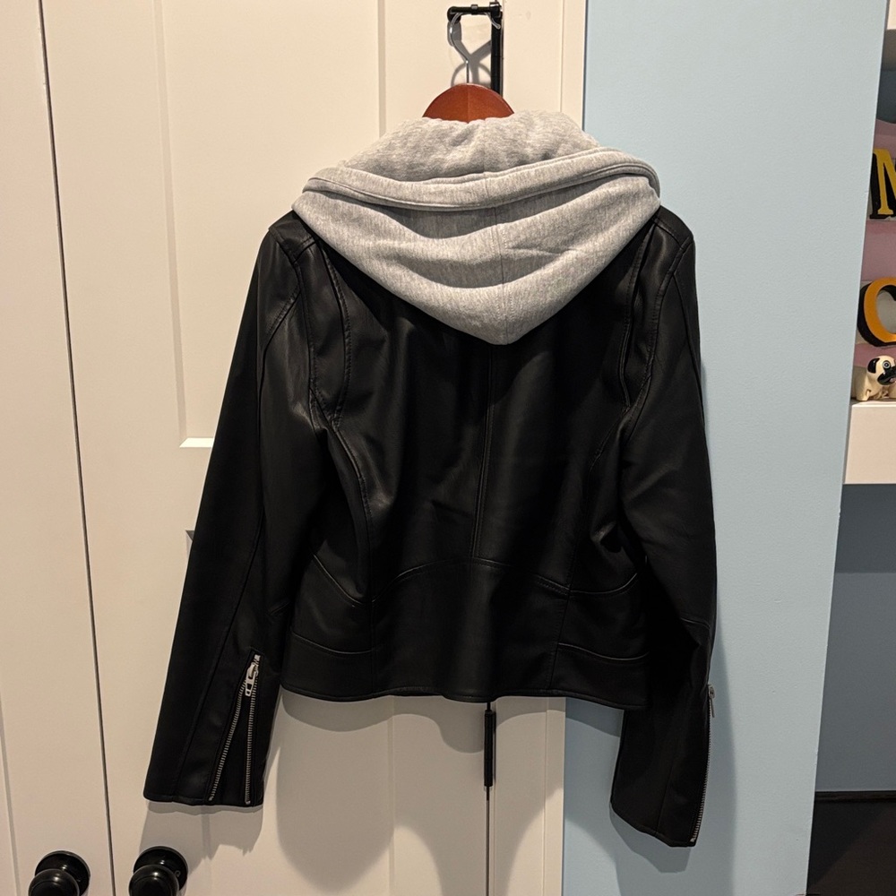 Blank NYC Black Leather Jacket with Gray Hood - Picture 5 of 5